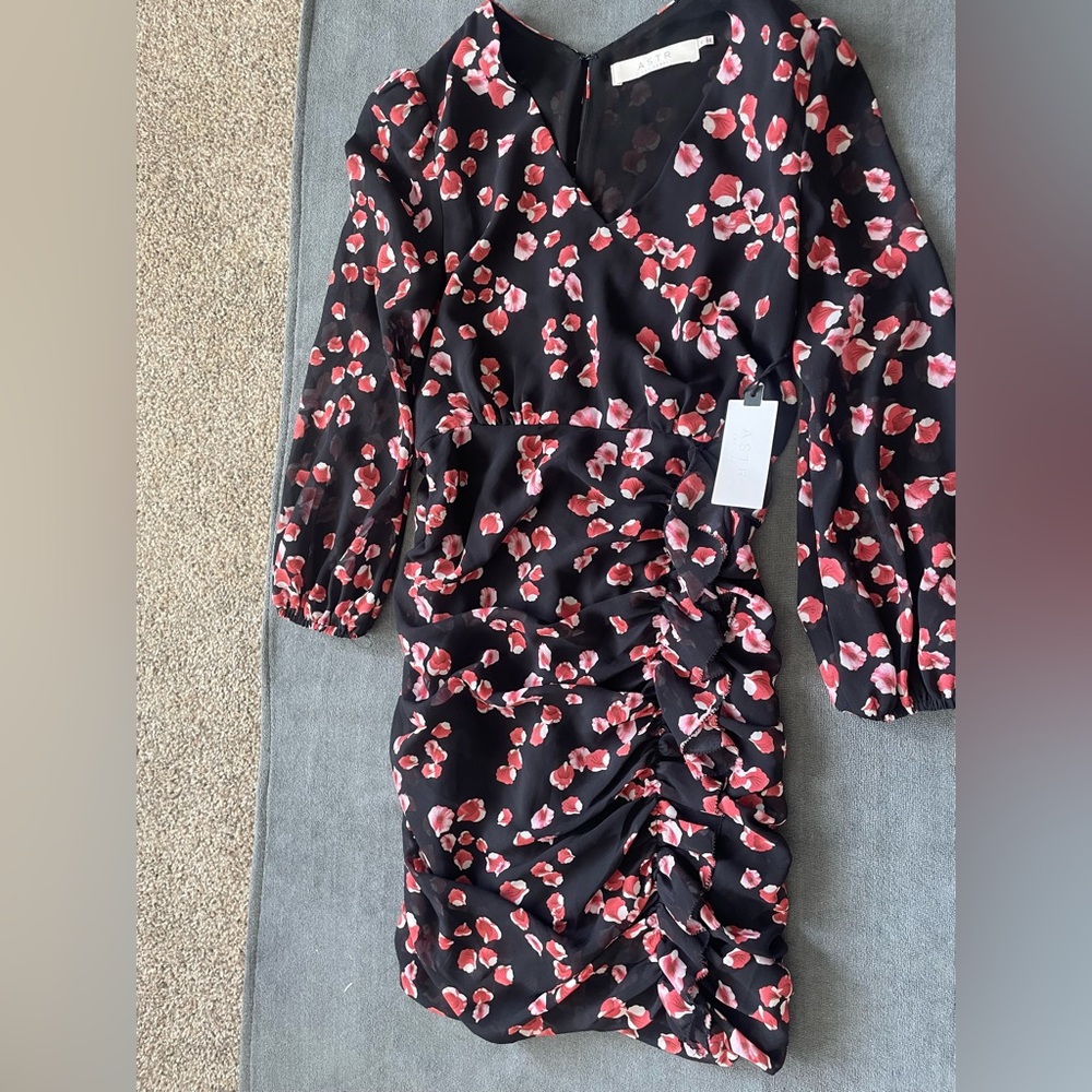 ASTR Floral Black and Red Ruched Dress